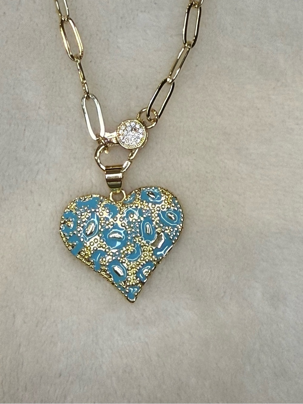 Gold and Turquoise Heart Pendant Paperclip Necklace with pave lobster claw